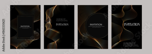 Golden Luxury invitation Template card, Premium geometric wave gold line frame typography design. Elegant background for advertising, gala card, grand opening, party invitation, layout big set