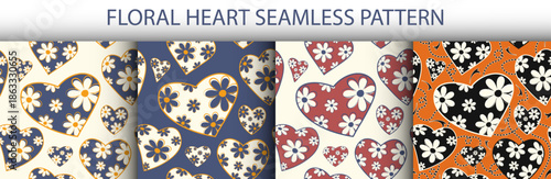 Textured floral heart seamless pattern set, original lovely romance blossom hearts, Valentine's Day wallpaper, banner, wrapping paper, greeting card