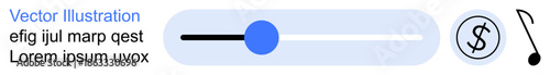 Audio settings, music control, financial transactions, sound adjustment, interface elements, digital design. Slider bar, dollar symbol music note on a white background. Audio settings and music