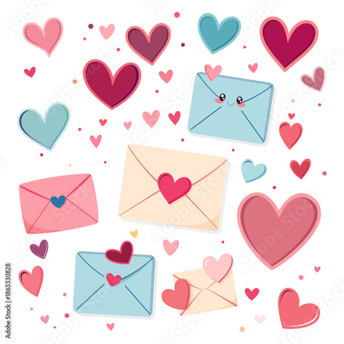Cute Valentine Envelopes with Hearts. Whimsical vector illustration featuring pastel-colored envelopes and heart icons on a white background