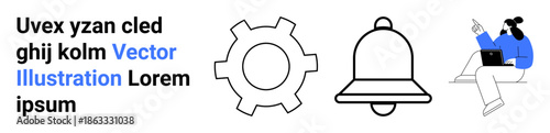 Gear icon for settings, bell for notifications, and a woman on a laptop pointing, representing teamwork, communication, digital notifications, productivity, and customization. Ideal for workflow app