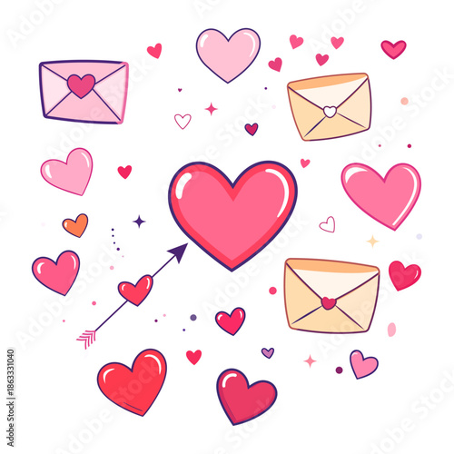 Romantic Arrow and Heart Icons-Festive Valentine’s Day vector with heart shapes, sealed envelopes, and a cupid-style arrow pointing to a central pink heart