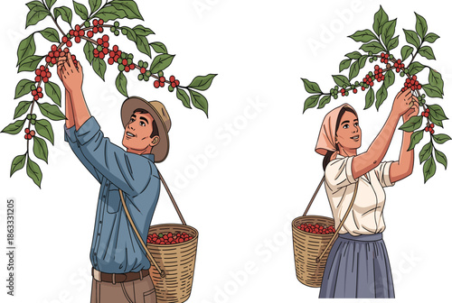 Berry harvest, rural farming, traditional agriculture, manual labor, woven baskets, red berries, countryside workers, nature, crop picking, sustainable lifestyle