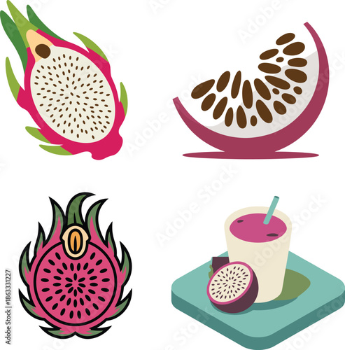 Pitajaya dragon fruit cubes halved and smoothie drink set