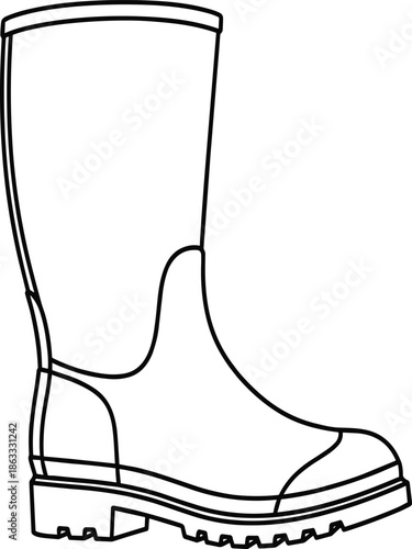 Black and white boot illustration, rugged footwear design, outdoor shoe sketch, durable sole, hiking boot, workwear, line art drawing