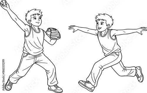 Black and white cartoon boys playing baseball, pitching and running, dynamic sports action line art for vector illustration and childhood activity design