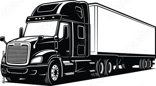 Black and white illustration of a semi truck, cargo transportation vehicle, logistics delivery concept, freight truck design, commercial transport vector.