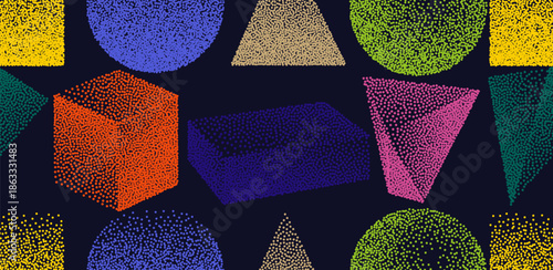 Seamless pattern with abstract geometric halftone dots. Colored dots forming a modern minimal texture. Creative vector pattern for banners, posters, card, icons, social media, packaging, print design.