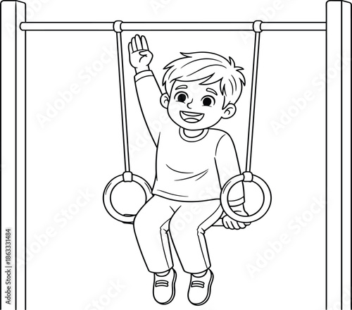 Black and white line drawing of child playing on gymnastic rings, active sports illustration perfect for educational, recreational, and fitness themed projects