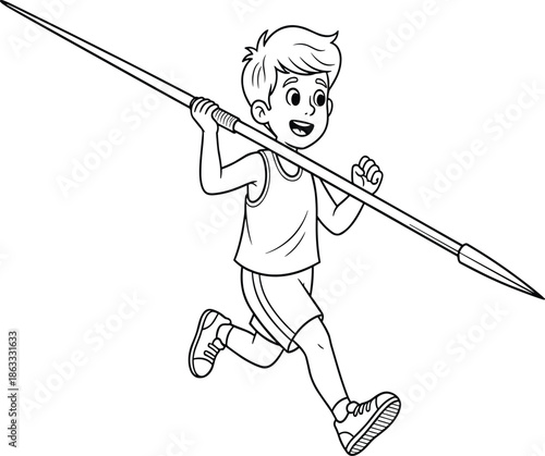 Black and white line drawing of young boy running with javelin, athletics sports vector perfect for training, competition, and educational projects