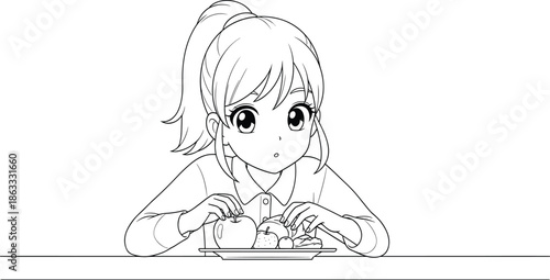 Black and white manga style vector of young person eating meal at table, collared shirt, ponytail, everyday life food illustration scene