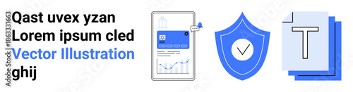 Data security, document management, online analytics, cloud storage, digital protection, business performance. A shield with checkmark, analytics dashboard documents. Data security and document