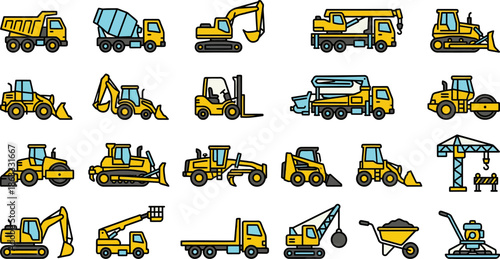 Construction Vehicles and Heavy Machinery Line Icons Set
