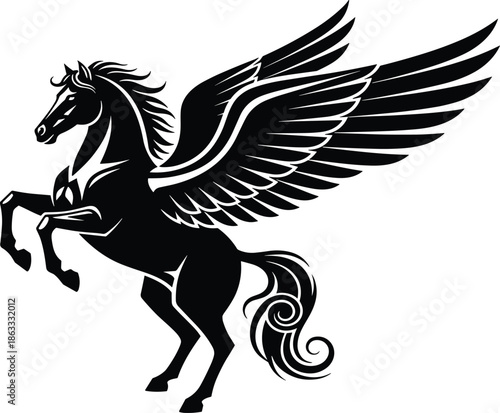 Black Pegasus silhouette, flying horse with wings, mythical creature illustration, fantasy animal art, vector graphic, majestic legendary horse
