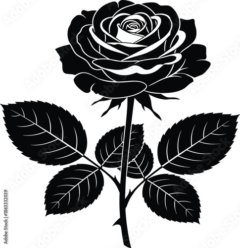 Black rose silhouette, floral tattoo design, botanical illustration, elegant bloom, thorny stem, detailed petals, monochrome flower, romantic art, nature symbol