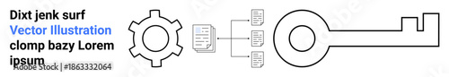 Gear connecting to data nodes leading to a key, symbolizing problem-solving, system processes. Ideal for innovation, technology, security, analysis, engineering, business workflow simple landing