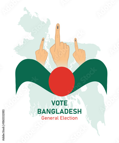 Creative vector illustration promoting voter awareness for Bangladesh general election, featuring raised inked fingers and national flag colors, suitable for election campaigns, posters, banners