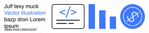 Web development, financial analysis, coding, data visualization, money growth, programming. Symbols include a coding icon, bar chart and dollar sign in blue. Web development and financial analysis