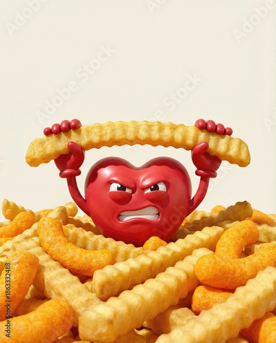 3D cartoon heart standing in cheese puffs and lifting long french fry up