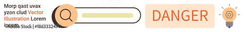 Online risk alert, digital safety, cybersecurity, warning systems, innovation, idea generation. Search bar with a danger warning and lightbulb icon. Online risk alert and digital safety concept