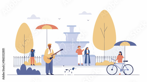 People enjoying a sunny day in a park with a fountain and musician