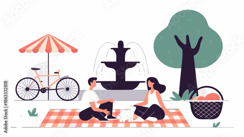 Couple enjoying romantic picnic in park with fountain and bicycle