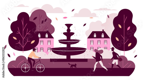 People enjoying leisurely day in park with fountain and pink houses