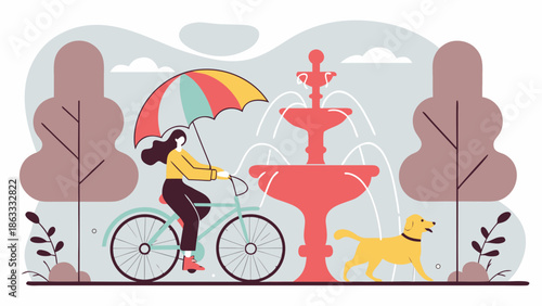 Woman cycling with dog in park on a sunny day with umbrella