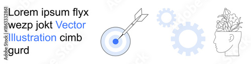 Business planning, goal setting, creative thinking, innovation, personal growth, and development. A target with an arrow, gears and a head with growing flowers. Business planning and creativity