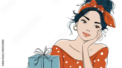 Happy Girl Holding Gift Box Vector Illustration with Outline