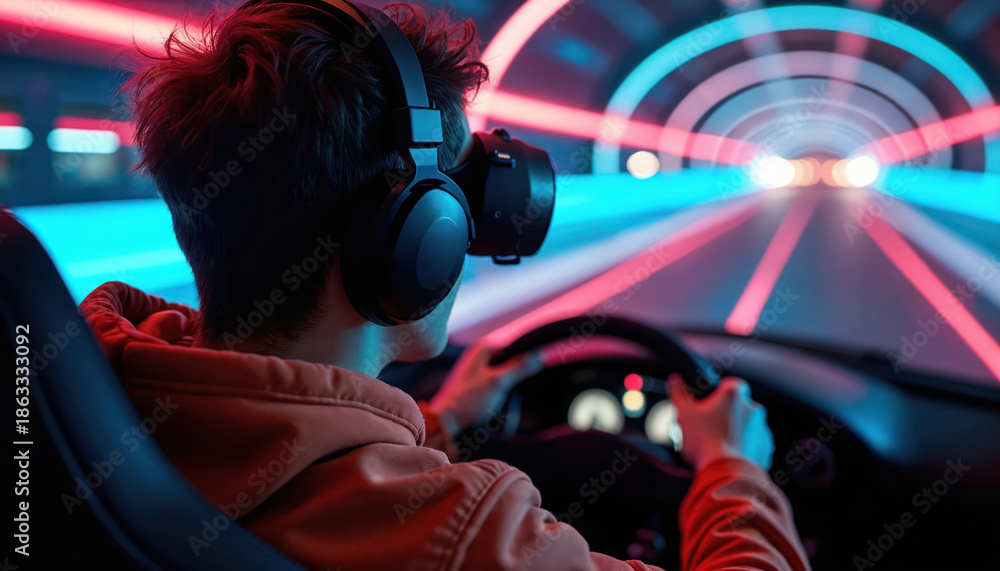 Fototapeta premium Young man wears VR headset and headphones, grips steering wheel playing car race game. Neon tunnel lights blur past virtual car moving fast. Immersive simulation.