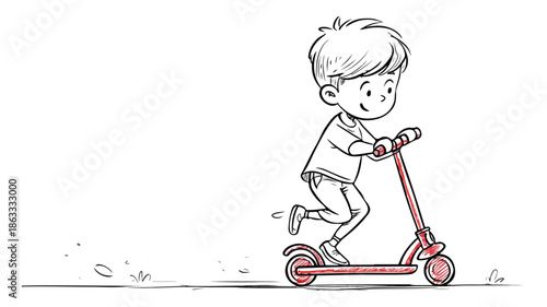 Young Boy Enjoying Riding Kick Scooter Outdoors with Outline Design on White Background