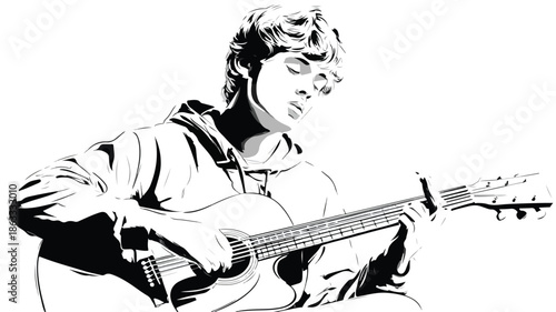 Young Boy Singing and Playing Guitar Isolated on White Background