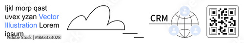 Cloud technology, CRM systems, data integration, QR codes, network connectivity, digital solutions. Line art of a cloud, CRM text with globe and a QR code. Cloud technology and CRM systems concept