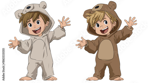 Cute Boy Wearing Bear Costume Vector with Outline Isolated