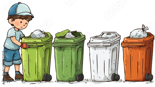 Boy Throwing Garbage in Bin Vector Outline Illustration