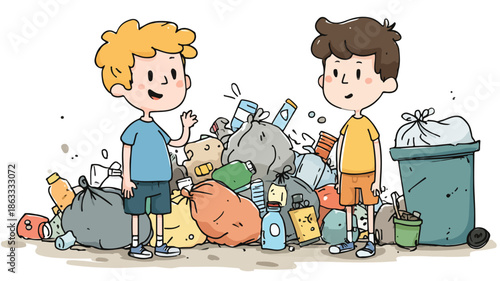 Boys Thinking Process for Garbage Classification Vector Illustration