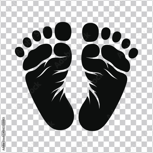 Black silhouette of human footprints on a transparent background, representing a baby's first steps or the journey of life