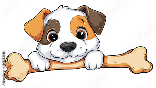 Cute Cartoon Baby Dog with Bone in Vector Isolated on White Background