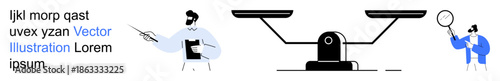 Data analysis, decision-making, research, balance, justice, teamwork. Professionals pointing and inspecting balance scales. Data analysis and decision-making with collaboration