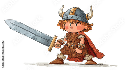 Charming Viking Boy Holding Sword Vector Illustration with Outline