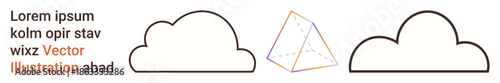 Education, design, infographics, creativity, technology, geometry. Two outlined cloud shapes and a geometric pyramid with placeholder text. Education and geometric design concepts