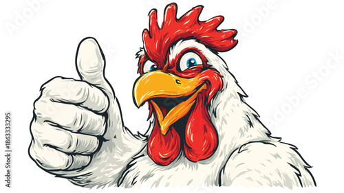 Smiling Cartoon Chicken Showing Thumbs Up on White Background