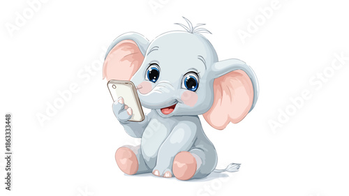Adorable Cartoon Baby Elephant Using Smartphone Vector Illustration