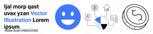 Business strategy, cryptocurrency, data visualization, finance, digital communication, online services. A blue happy face, a business graph with icons and a coin illustration. Business strategy