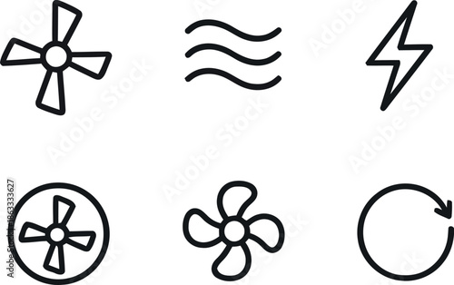 Air conditioner fan and electric power outline icons set