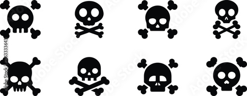 Collection of black silhouette skull and crossbones icons representing danger or poison