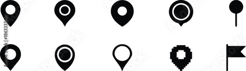 Diverse collection of map pointer and geographic location pin icons representing navigation positioning and global destination tracking symbols