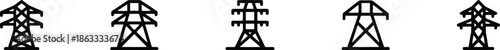 Electrical power line tower icon set energy transmission silhouette