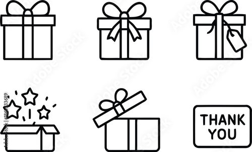 Gift box icon set line art design with bow ribbon and tag label
